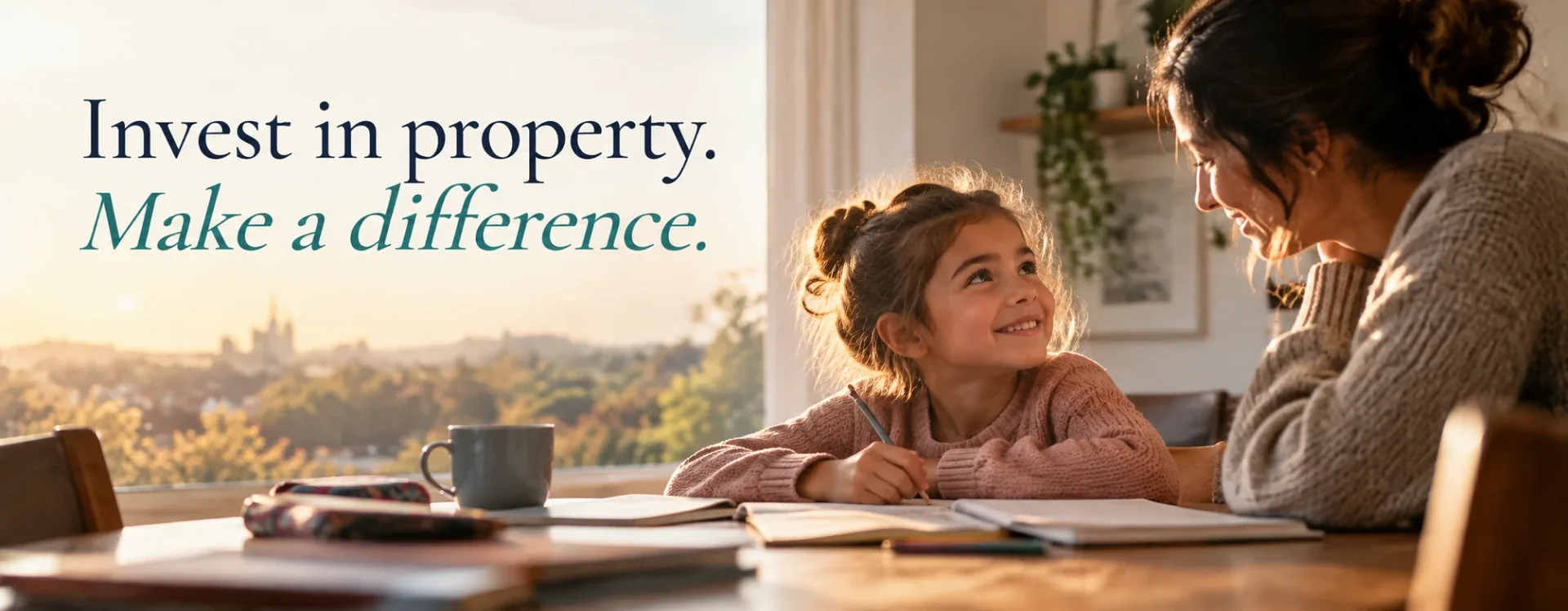 A smiling young girl doing homework at the kitchen table with her mother, beside the headline “Invest in property. Make a difference.”
